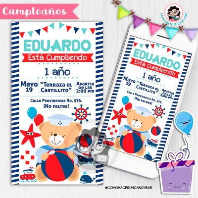 Invitación digital whatsapp Oso marinero kits imprimibles para fiestas