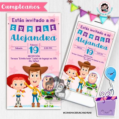 Invitación digital whatsapp Toy story woody, jessie y buzz kits imprimibles para fiestas