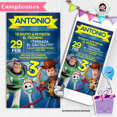 Invitación digital whatsapp Toy story woody, buzz y forky kits imprimibles para fiestas