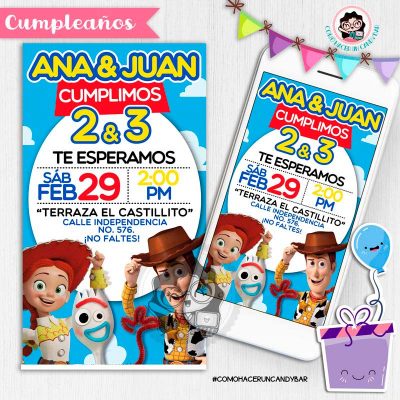 Invitación digital whatsapp Toy story woody, jessie y forky kits imprimibles para fiestas