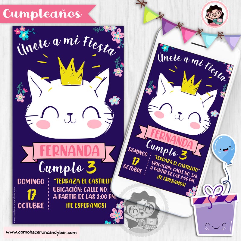 Invitación digital gato rey para whatsapp cumpleaños fiesta kits imprimibles para fiestas