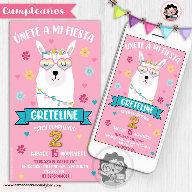 Invitación digital Llama para whatsapp cumpleaños fiesta kits imprimibles para fiestas