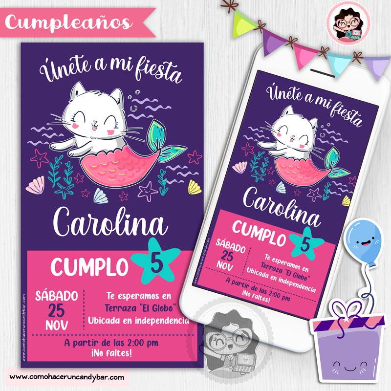 Invitación digital gatito Sirena para whatsapp cumpleaños fiesta kits imprimibles para fiestas