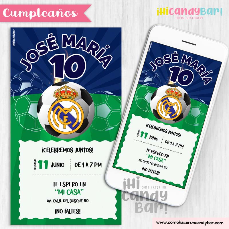 Invitación Digital: Fútbol Real Madrid - Como hacer un Candy bar: Tienda de  Kits e Invitaciones Imprimibles